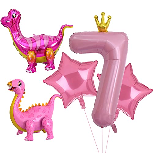 5pcs Rosa Dinosaurier Ballons, Mädchen Dinosaurier Geburtstagsnummer Mylar Folie Ballon Rosa Dinosaurier 7th Geburtstag Party Supplies Dekorationen (7th) von Lebeili