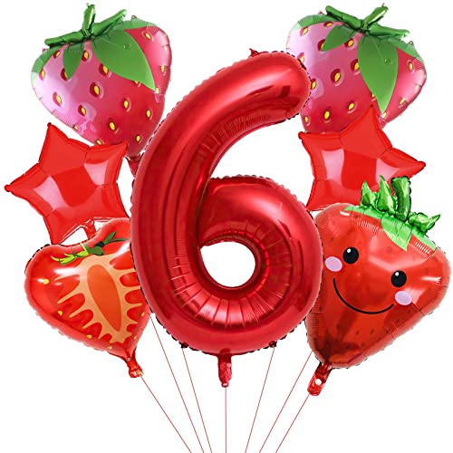 7pcs rote Erdbeer Ballons, Obst Erdbeere Geburtstagsnummer Mylar Folie Ballon Erdbeere Party Supplies Erdbeere 6th Geburtstag Dekorationen (6th) von Lebeili