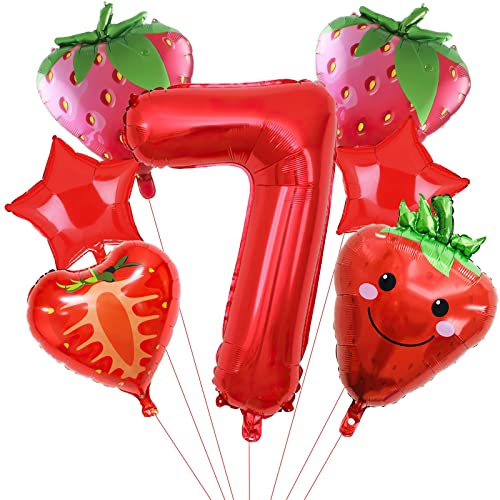 7pcs rote Erdbeer Ballons, Obst Erdbeere Geburtstagsnummer Mylar Folie Ballon Erdbeere Party Supplies Erdbeere 7th Geburtstag Dekorationen (7th) von Lebeili