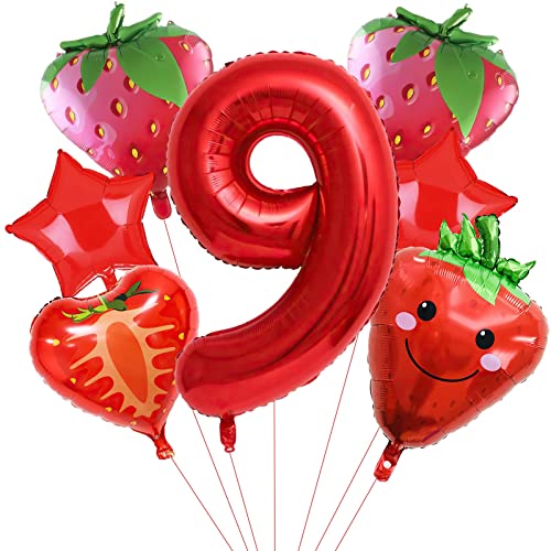 7pcs rote Erdbeer Ballons, Obst Erdbeere Geburtstagsnummer Mylar Folie Ballon Erdbeere Party Supplies Erdbeere 9th Geburtstag Dekorationen (9th) von Lebeili