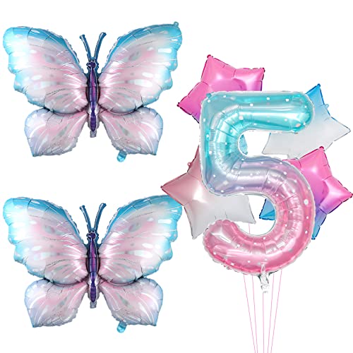 7Pcs Gradient Pink Schmetterling Ballons, riesige bunte Schmetterling Folie Mylar Ballon für Schmetterling 5th Geburtstag Dekorationen Fee Rosa Schmetterling Party Supplies (5th) von Lebeili