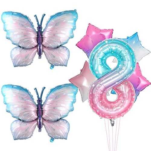7Pcs Gradient Pink Schmetterling Ballons, riesige bunte Schmetterling Folie Mylar Ballon für Schmetterling 8th Geburtstag Dekorationen Fee Rosa Schmetterling Party Supplies (8th) von Lebeili
