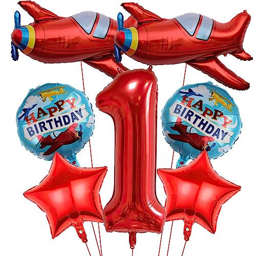 7Pcs Flugzeug Ballons, Rotes Flugzeug Geburtstagsnummer Mylar Folie Ballon Flieger Abenteuer Thema 1st Geburtstag Party Supplies Dekorationen (1st) von Lebeili