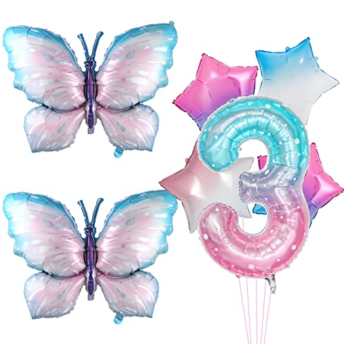 7Pcs Gradient Pink Schmetterling Ballons, riesige bunte Schmetterling Folie Mylar Ballon für Schmetterling 3rd Geburtstag Dekorationen Fee Rosa Schmetterling Party Supplies (3rd) von Lebeili