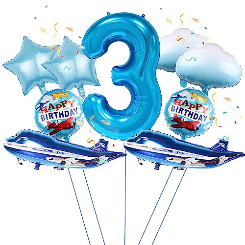 9Pcs großer blauer Flugzeug Ballon, 32'' blauer Flugzeug 3rd Geburtstag Mylar Folie Ballon, Flugzeug Flieger Abenteuer Thema Geburtstag Party Zubehör Dekorationen (3rd) von Lebeili