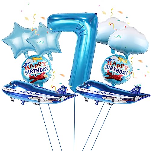 9Pcs großer blauer Flugzeug Ballon, 32'' blauer Flugzeug 7th Geburtstag Mylar Folie Ballon, Flugzeug Flieger Abenteuer Thema Geburtstag Party Zubehör Dekorationen (7th) von Lebeili