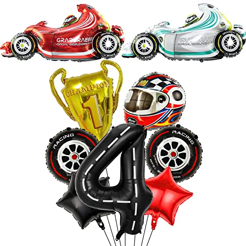 Race Car Ballons, 9pcs Racetrack Geburtstagsnummer Ballon für Baby Dusche 4th Geburtstag Racing Car Party Dekoration Race Car Party Supplies (4th) von Lebeili