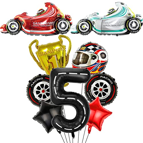 Race Car Ballons, 9pcs Racetrack Geburtstagsnummer Ballon für Baby Dusche 5th Geburtstag Racing Car Party Dekoration Race Car Party Supplies (5th) von Lebeili