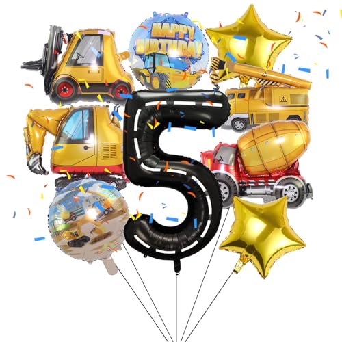 9 Stück Engineering-Fahrzeug-Folienballons, Bau-Geburtstag, Zahlen, Mylar-Folienballon, Thema für Babyparty, Kinder, 5. Geburtstag, Partyzubehör, Dekorationen (5. Geburtstag) von Lebeili
