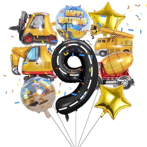 9 Stück Engineering-Fahrzeug-Folienballons, Bau-Geburtstag, Zahlen, Mylar-Folienballon, Thema für Babyparty, Kinder, 9. Geburtstag, Partyzubehör, Dekorationen (9. Geburtstag) von Lebeili