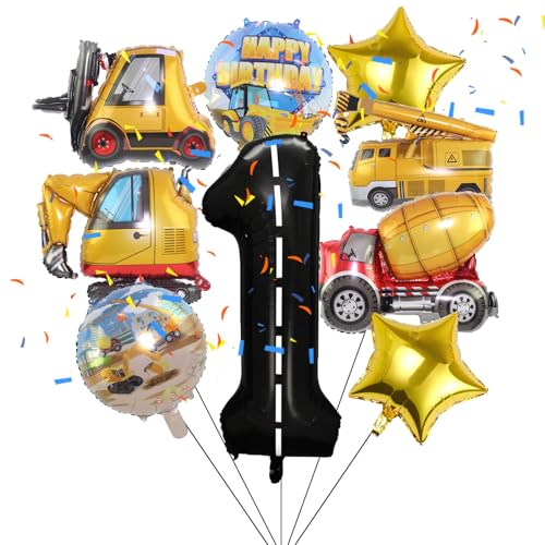 9 Stück Engineering-Fahrzeug-Folienballons, Bau-Geburtstagszahl, Mylar-Folienballon, Thema für Babyparty, Kinder, 1. Geburtstag, Partyzubehör, Dekorationen (1 von Lebeili