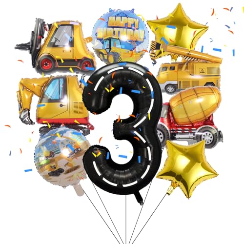 9 Stück Engineering-Fahrzeug-Folienballons, Bau-Geburtstagszahl, Mylar-Folienballon, Thema für Babyparty, Kinder, 3. Geburtstag, Partyzubehör, Dekorationen (3 von Lebeili