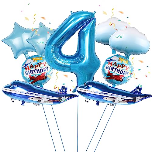 9Pcs großer blauer Flugzeug Ballon, 32'' blauer Flugzeug 4th Geburtstag Mylar Folie Ballon, Flugzeug Flieger Abenteuer Thema Geburtstag Party Zubehör Dekorationen (4th) von Lebeili