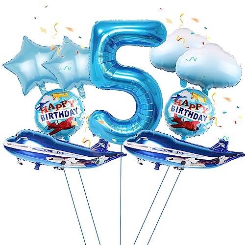 9Pcs großer blauer Flugzeug Ballon, 32'' blauer Flugzeug 5th Geburtstag Mylar Folie Ballon, Flugzeug Flieger Abenteuer Thema Geburtstag Party Zubehör Dekorationen (5th) von Lebeili