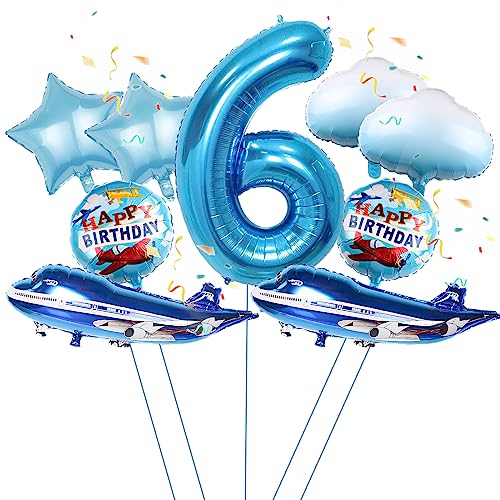 9Pcs großer blauer Flugzeug Ballon, 32'' blauer Flugzeug 6th Geburtstag Mylar Folie Ballon, Flugzeug Flieger Abenteuer Thema Geburtstag Party Zubehör Dekorationen (6th) von Lebeili