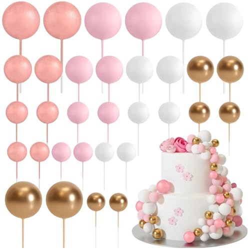 Ledeak 32 Stück Tortendeko Kugeln, Mini-Ballons Tortenaufleger Schaumstoffkugeln, DIY Cupcake Einsatz Kuchen Dekoration für Hochzeit Party Babyparty Geburtstag (Rose, Gold, Rosa, Weiß) von Ledeak