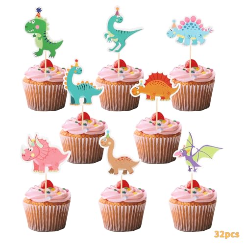 Essbare Tortendeko Dinosaurier, 32 Stück Kuchendeko geburtstag, Dinosaurier Cupcake Topper, Dino Geburtstag Deko, Hochzeit Geburtstag Event, Party, Muffin, Kuchen Topper von Ledebouk