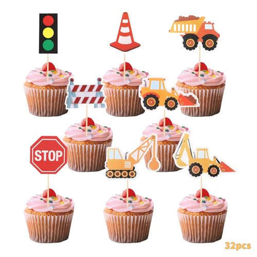 Essbare Bagger Cupcake Topper, 32 Stück Straßenschild Baufahrzeug Cupcake Topper, LKW Auto Kuchen Dekorieren, Bagger Geburtstag Deko, Hochzeit Geburtstag Event, Party, Muffin，Kuchen Topper von Ledebouk