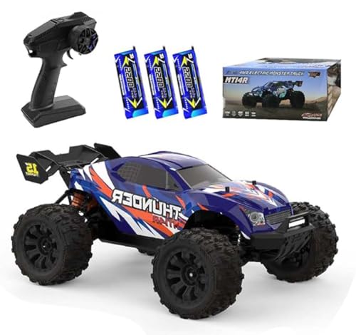 Ledovan 100KM/H Ferngesteuertes Auto Bürstenloser Motor, 1:14 Hochgeschwindigkeits RC Monstertruck Off-Road für Erwachsene, 4WD All Terrain RC Auto, 3 Batterien(Blau) von Ledovan