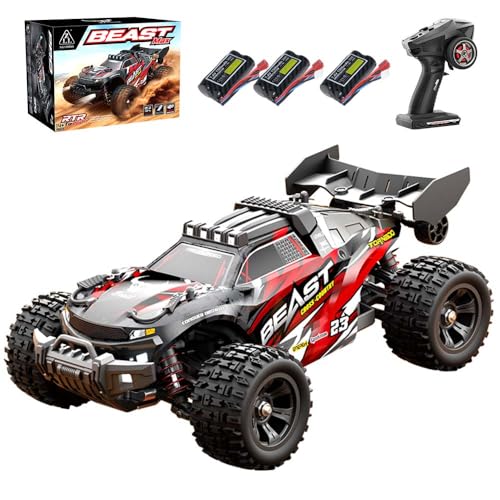 Ledovan 60KM/H Bürstenlose Ferngesteuertes Auto, 1/18 RC Offroad Truck All-Terrain für Erwachsene, 2.4 GHz Hoher Geschwindigkeit Schnelle RC-Autos, Wasserdichtes Truggy, 3 Batterien(Rot) von Ledovan