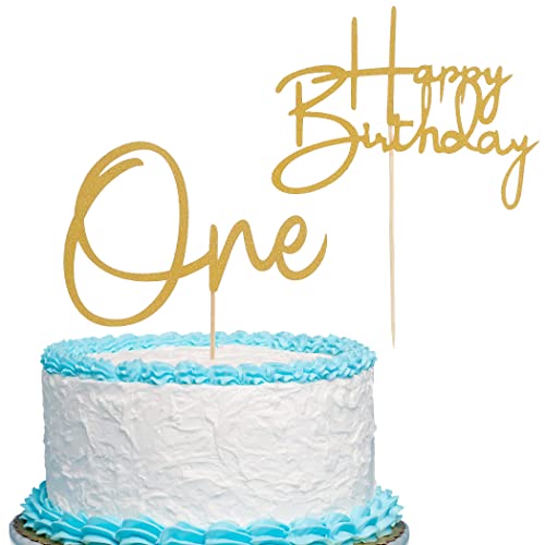 Gold One Geburtstag Cake Topper - 2 Stück und Happy Birthday Topper, Einseitig Gold Glitter Baby 1. Geburtstag Kuchendekoration, First Anniversary Party Kuchen Dekorationen von LeeLeeAn