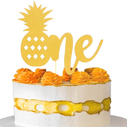 Kuchendekoration für Ananas zum 1. Geburtstag, einseitig, goldfarben, glitzernd, 1 Jahre alt, Kuchendekoration, tropisches Hawaii, Aloha Luau von LeeLeeAn