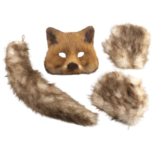 LeeQinersw 3 Stücke Cosplay Kostüm Rollenspiel Zubehör mit Maske Handschuhen Und Schwanz Als Weiche Tierverkleidung für Partys Maskenball Und Geburtstage, Braun von LeeQinersw