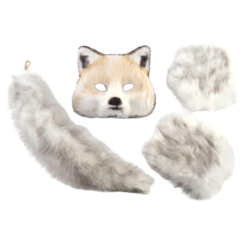 LeeQinersw 3 Stücke Cosplay Kostüm Rollenspiel Zubehör mit Maske Handschuhen Und Schwanz Als Weiche Tierverkleidung für Partys Maskenball Und Geburtstage, Weiß von LeeQinersw