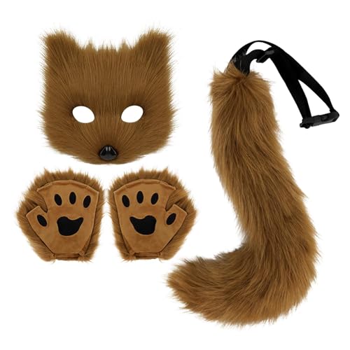 LeeQinersw Cosplay Kostüm Set Plüschtier Schwanz Maske Handschuhe Zubehör Rolle Spiel Performance Dekoration Geschenk für Kinder Erwachsene Halloween Geburtstag, Khaki von LeeQinersw