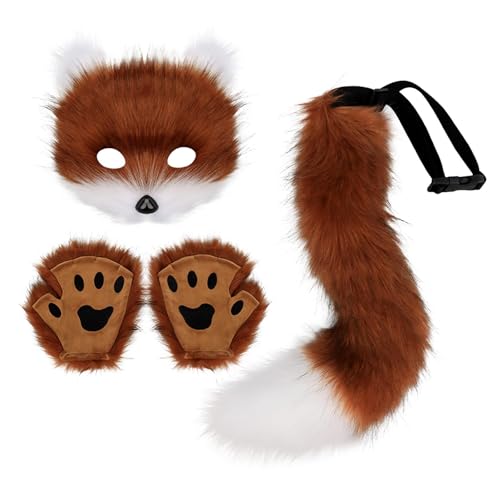 LeeQinersw Cosplay Kostüm Set Plüschtier Schwanz Maske Handschuhe Zubehör Rolle Spiel Performance Dekoration Geschenk für Kinder Erwachsene Halloween Geburtstag, weiß von LeeQinersw