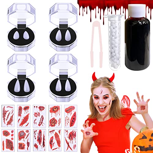 Halloween Make up Set,4 Paar Halloween Vampirzähne Reißzähne,30ml Kunstblut,10 Halloween Tattoo,Für Karneval Zombie Vampir Werwolf Cosplay Maskerade,Geeignet für Kinder Erwachsene von Leeelyan