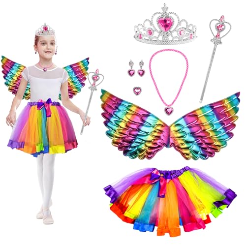 Kostüm Prinzessin Set,8 Stück Kostüm Kinder Mädchen,mit Prinzessin Krone Flügel Zauberstab Tüllrock Ringe Ohrring,Geschenk für Mädchen 3-9 Jahre Karneval/Cosplay/Halloween/Kindergeburtstag Party von Leeelyan