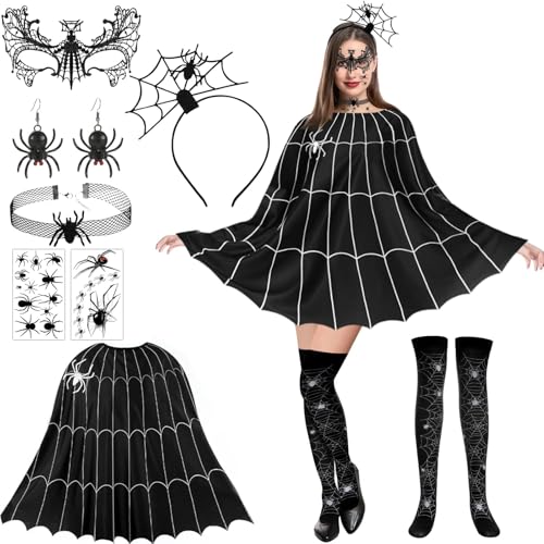 Leeelyan 7-Teiliges Halloween Kostüm Set - Spinnennetz Kleid Poncho, Spinne Maske, Umhang für Damen Party Leeelyan 7-Teiliges Halloween Kostüm Set - Spinnennetz Kleid Poncho, Spinne Maske, Umhang für Damen Party von Leeelyan