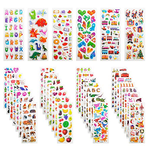Leenou 950+ 3D-Aufkleber für Kinder, verschiedene Aufkleber für erfüllende Geschenke, Scrapbooking, einschließlich Tiere, Fische, Dinosaurier, Zahlen, Obst, Flugzeuge und mehr (36 Blatt) von Leenou