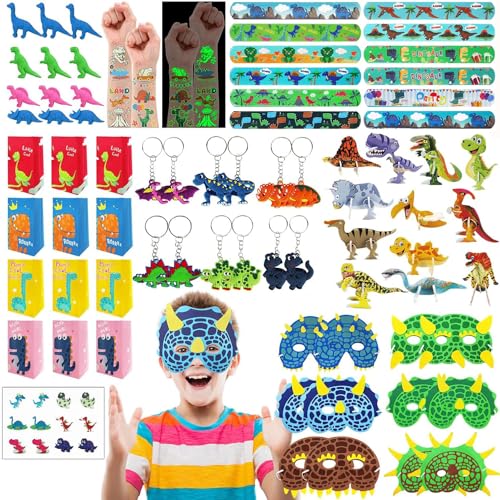 Leesgel Dinosaurier Party Mitgebsel, 96pcs Dinosaurier Party Zubehör mit Dino maske Klaps Armbänder Schlüsselanhänger Radiergummi Puzzles Geschenktüten Tattoo Aufkleber Dinosaurier Geburtstag Kinder von Aeuln