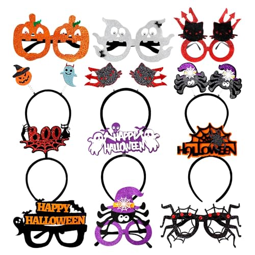 Leesgel Halloween Deko für Kinder&Erwachsene, 12pack Stirnbänder&Gläser für Halloween Kostümzubehör, Halloween Kürbisse/Spinnen/Hexenhut Foto Booth Requisiten für Halloween Spiele Geschenke von Leesgel