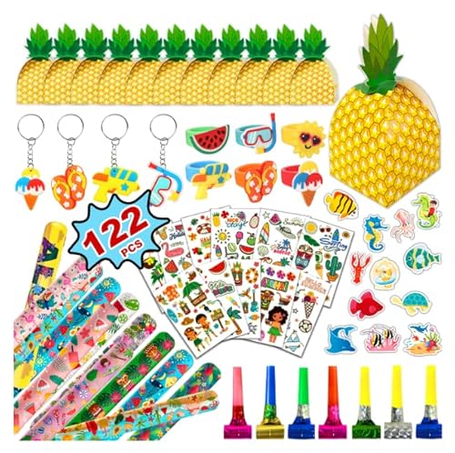 Leesgel Hawaii Party Deko Kinder, 122pcs Hawaiian Mitgebsel Kindergeburtstag -Schlüsselanhänger Armbänder Geschenkbox Tattoo Aufkleber, Hawaii Deko Mitbringsel Kinder Tropical Sommer Ananas Deko Party von Leesgel