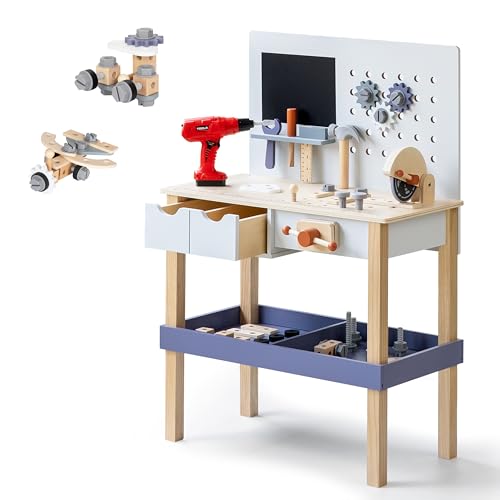 Holz Kinder Werkbank mit Elektrobohrer, Werkzeugbank für Kleinkinder mit Aufbewahrungsschubladen & Ablage, Spielzeug-Werkstatt mit Werkzeugsatz für Jungen & Mädchen, perfekt ab 3 Jahren Holz Kinder Werkbank mit Elektrobohrer, Werkzeugbank für Kleinkinder mit Aufbewahrungsschubladen & Ablage, Spielzeug-Werkstatt mit Werkzeugsatz für Jungen & Mädchen, perfekt ab 3 Jahren von Leeshyah