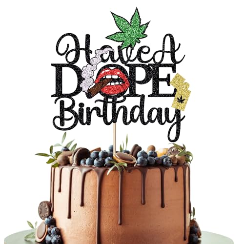 Leetaivie Glitzer-Geburtstagskuchenaufsatz, glitzernde Unkrautblätter, Happy Birthday-Kuchendekorationen, Geburtstagsparty-Zubehör für Erwachsene, Männer, Frauen, Unkrautblatt-Thema, Geburtstag, 420 von Leetaivie