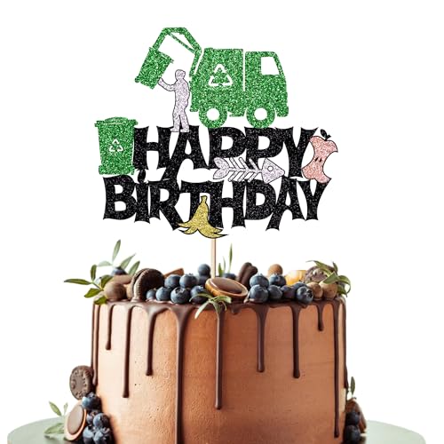 Leetaivie Glitzernde Kuchendekoration, Müllwagen, Geburtstagsparty-Dekorationen, Sanitär-Truck-Mottoparty, Babyparty-Fahrzeuge, für Männer, Kinder, Jungen, Mädchen, Happy Birthday Partyzubehör von Leetaivie