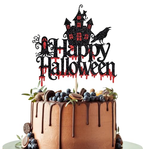 Leetaivie Happy Halloween Cake Topper, Halloween Horror Birthday Party Cake Decorations, Black Glitter Crow Ghost House Themed Halloween Party Decoration Supplies, Photo Booth Props von Leetaivie