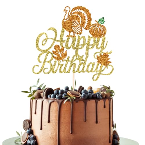 Leetaivie Kürbis-Kuchenaufsatz "Happy Birthday", Glitzer mit Ahornblatt, Kürbis-Herbst-Thema, Kuchendekoration, Happy Thanksgiving Schild, Kuchenaufsatz, Herbst, Erntedankfest, Geburtstag von Leetaivie