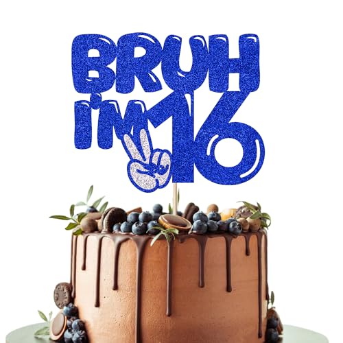 Leetaivie Tortenaufsatz Bruh I'm 16 mit Glitzer, Motiv: "Happy 16th Birthday", Bro I'm 16 It's My Sixteen Birthday, Kuchendekoration für Teenager, Jungen, Mädchen, 16. Geburtstag von Leetaivie