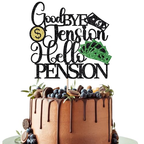 Leetaivie Tortenaufsatz mit Aufschrift "Goodbye Tension Hello Pension", glitzernd, Party-Dekoration, Abschieds-Partyschild, Ruhestandsparty-Zubehör, The Legend has Retired Thema, Kuchendekoration für von Leetaivie