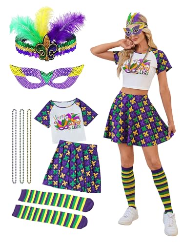 Leevuyu Damen-Kostüm, 8-teilig, bauchfreies Oberteil, Rock-Set mit Socken, Maske, Stirnband, Halskette, Zubehör, Violett, M Leevuyu Damen-Kostüm, 8-teilig, bauchfreies Oberteil, Rock-Set mit Socken, Maske, Stirnband, Halskette, Zubehör, Violett, M von Leevuyu