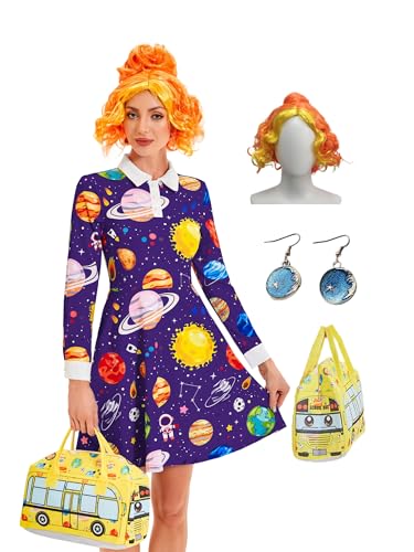 Leevuyu Frauenkleid mit Perücke, magisches Schulbus-Kostüm, Wissenschaft, Lehrer, Lila, Größe M von Leevuyu