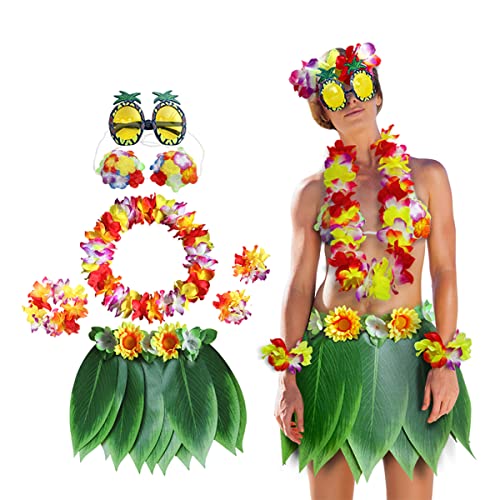 Hawaii-Blätter-Rock mit Blumen-Leis Kostüm-Set, Hula-Blatt-Rock, Hawaii-Kostüm-Set, künstliches Hibiskusblumenkostüm für Strand, Hawaii, Luau, Tiki Party von Leezeshaw