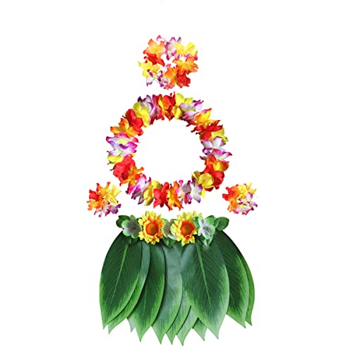 Hawaii-Blätter-Rock mit Blumen-Leis Kostüm Set, Hula Blatt Rock Hawaii Kostüm Set, Künstliche Hibiskus Blumen Armbänder, Stirnband, Halskette Party Verkleidung für Sommer Strand Tropische Luau Party von Leezeshaw