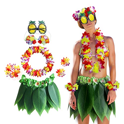 Hawaii-Blätter-Rock mit Blumen-Leis Kostüm Set, Hula Blatt Rock Hawaii Kostüm Set, Künstliche Hibiskus Blumen Armbänder, Stirnband, Halskette Party Verkleidung für Sommer Strand Tropische Luau Party von Leezeshaw