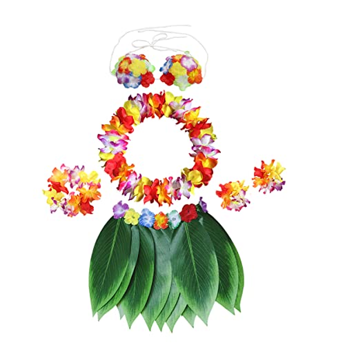 Hawaii Blatt Rock mit Blume Leis Kostüm Set, Hula Blatt Rock Hawaii Kostüm Set, Hibiskus Blume Armbänder, Stirnband, Halskette Party Verkleidung für Hula Kostüm und Strandparty von Leezeshaw